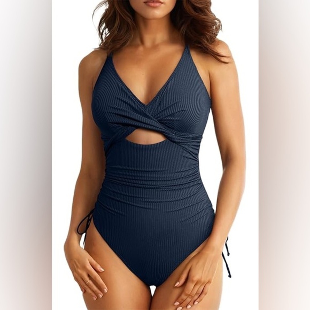 Navy Blue Ribbed Twist Front Cutout One Piece Slimming‎ Swimsuit Size Xxl NWOT